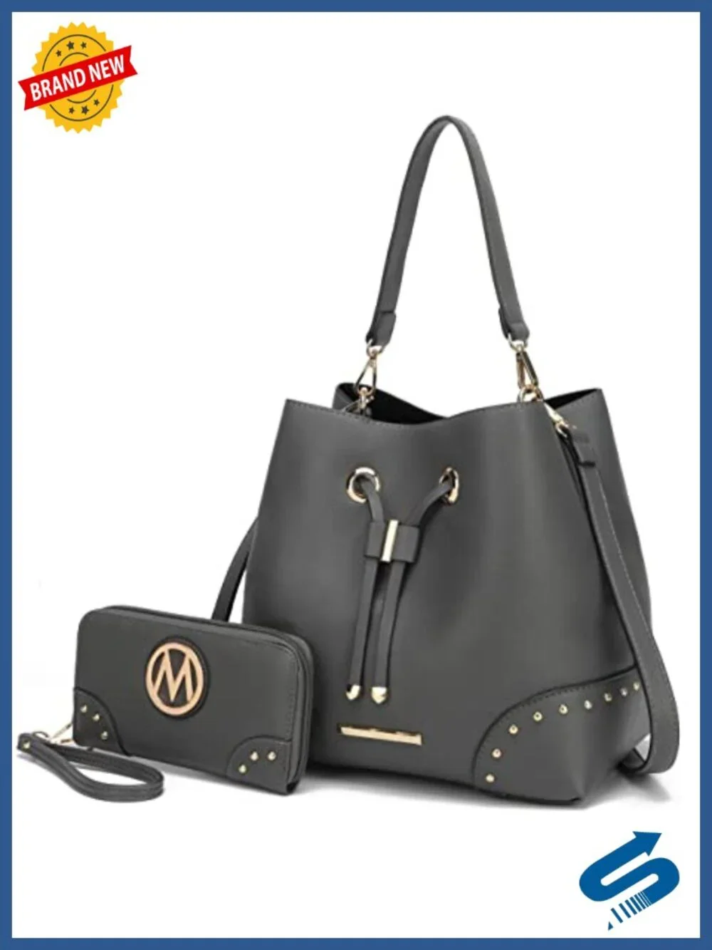 Vegan Leather Bucket Bag with Wristlet Wallet, Hobo Handbag Set, Crossbody